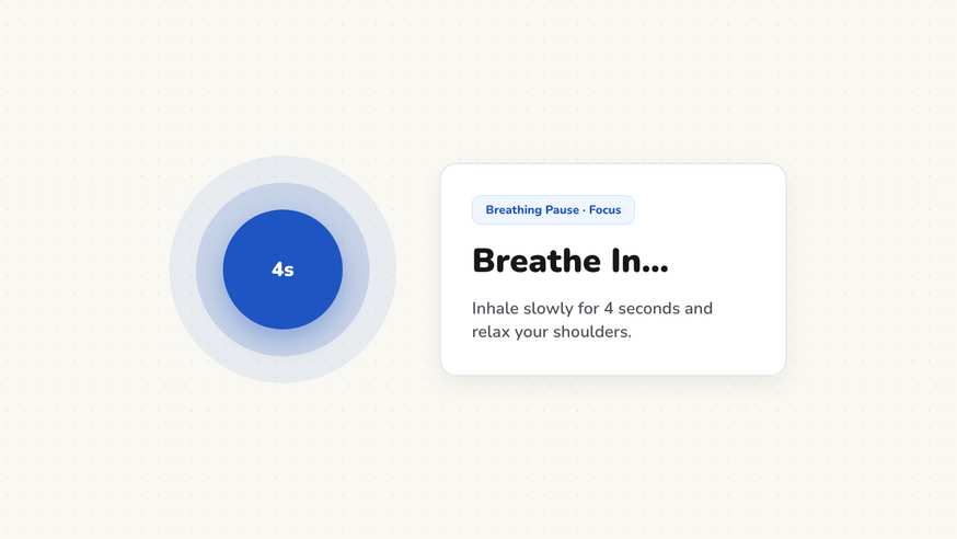 Breathing break card showing an expanding blue circle prompting students to breathe in calmly