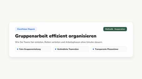 Vier eingeteilte Gruppen mit Namen und Rollen auf der digitalen Tafel, daneben ein Timer bei acht Minuten Restzeit, Klasse 7a