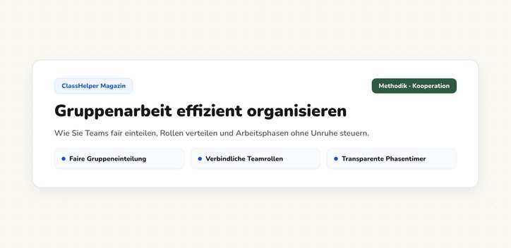 Vier eingeteilte Gruppen mit Namen und Rollen auf der digitalen Tafel, daneben ein Timer bei acht Minuten Restzeit, Klasse 7a