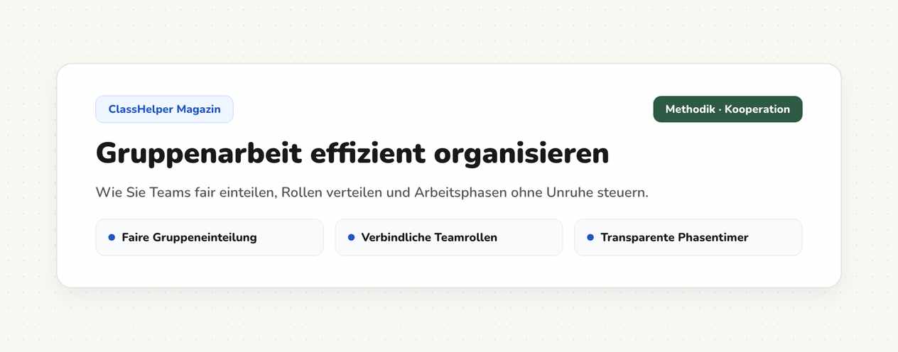 Vier eingeteilte Gruppen mit Namen und Rollen auf der digitalen Tafel, daneben ein Timer bei acht Minuten Restzeit, Klasse 7a