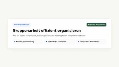 Vier eingeteilte Gruppen mit Namen und Rollen auf der digitalen Tafel, daneben ein Timer bei acht Minuten Restzeit, Klasse 7a