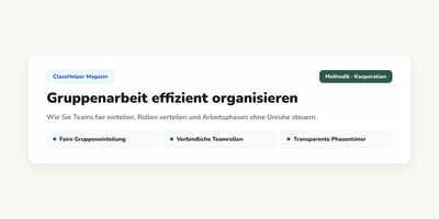 Vier eingeteilte Gruppen mit Namen und Rollen auf der digitalen Tafel, daneben ein Timer bei acht Minuten Restzeit, Klasse 7a