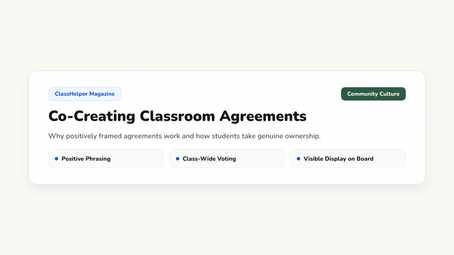 Four classroom community agreements displayed as text tiles on a digital whiteboard next to a green noise indicator