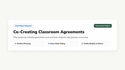 Four classroom community agreements displayed as text tiles on a digital whiteboard next to a green noise indicator