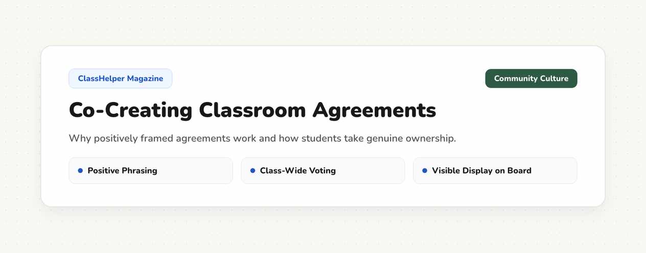 Four classroom community agreements displayed as text tiles on a digital whiteboard next to a green noise indicator
