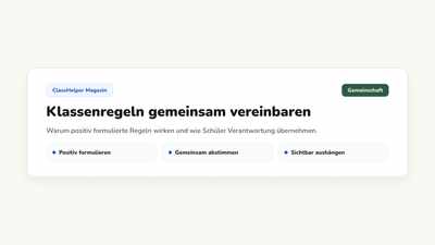 Vier Klassenregeln als große Textkacheln auf der digitalen Tafel, daneben die Lärmampel auf Grün, Klasse 3b