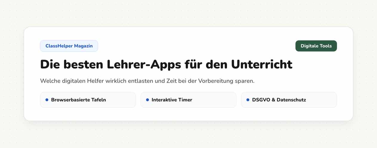 Übersicht mehrerer Werkzeuge nebeneinander auf der digitalen Tafel, darunter Timer, Lärmampel und Tagesplan, Klasse 7b
