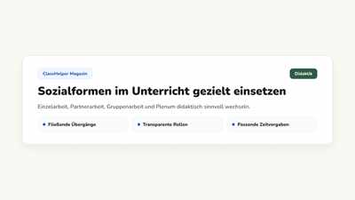Anzeige der Sozialform Partnerarbeit als großes Symbol auf der digitalen Tafel, daneben der Arbeitsauftrag in drei Zeilen, Klasse 6c