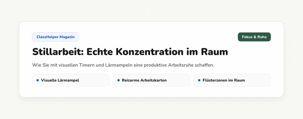Lärmampel auf Grün neben dem Arbeitsauftrag und der Restzeit auf der digitalen Tafel während einer Stillarbeit, Klasse 3b