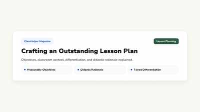 Lesson outline table displaying five distinct stages with minute breakdowns and countdown timer on a digital classroom screen
