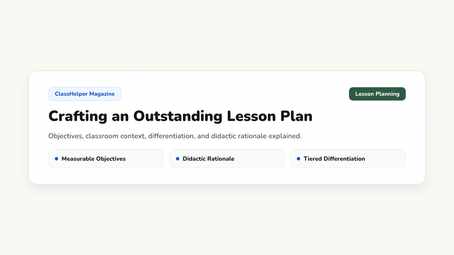 Lesson outline table displaying five distinct stages with minute breakdowns and countdown timer on a digital classroom screen