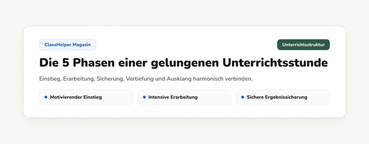 Drei Stundenphasen untereinander auf der digitalen Tafel, die mittlere hervorgehoben, daneben die Restzeit, Klasse 5b