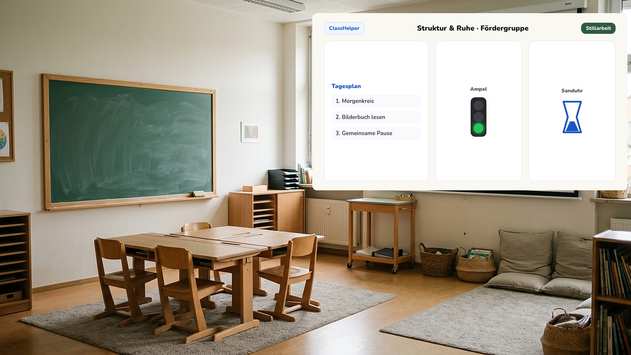 Tafel mit Tagesplan, Ampel auf Grün und laufender Sanduhr in einer Förderklasse