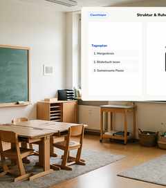 Ruhiger Klassenraum einer Förderschule mit Lärmampel auf Grün