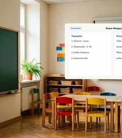 Grundschul-Klassenzimmer mit Tagesplan und Klassendiensten am Beamer