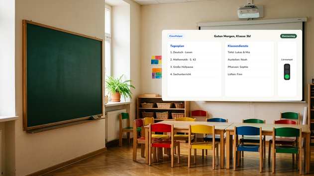 Tafel mit Tagesplan, Klassendiensten und der Lärmampel auf Grün an einem Vormittag in Klasse 3b