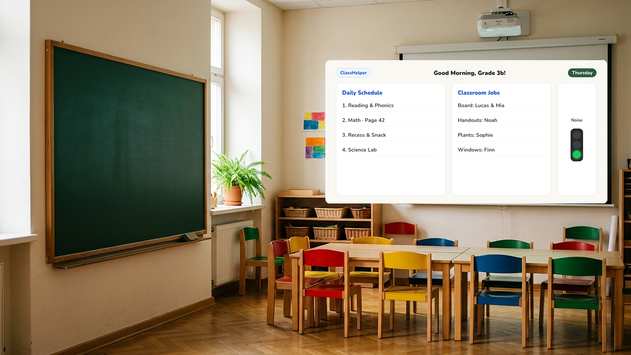 ClassHelper whiteboard with daily schedule, classroom jobs, and noise meter set to green for elementary students