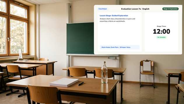 ClassHelper whiteboard displaying current lesson phase, countdown timer, and pair work setting during an evaluation