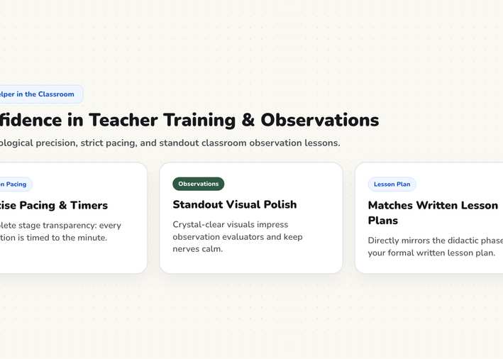 Structured lesson prompt, remaining time, and synthesis question displayed clearly on screen