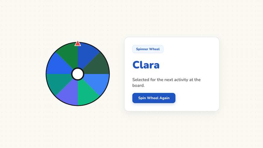 Interactive wheel of names stopping on the student name Noah on screen