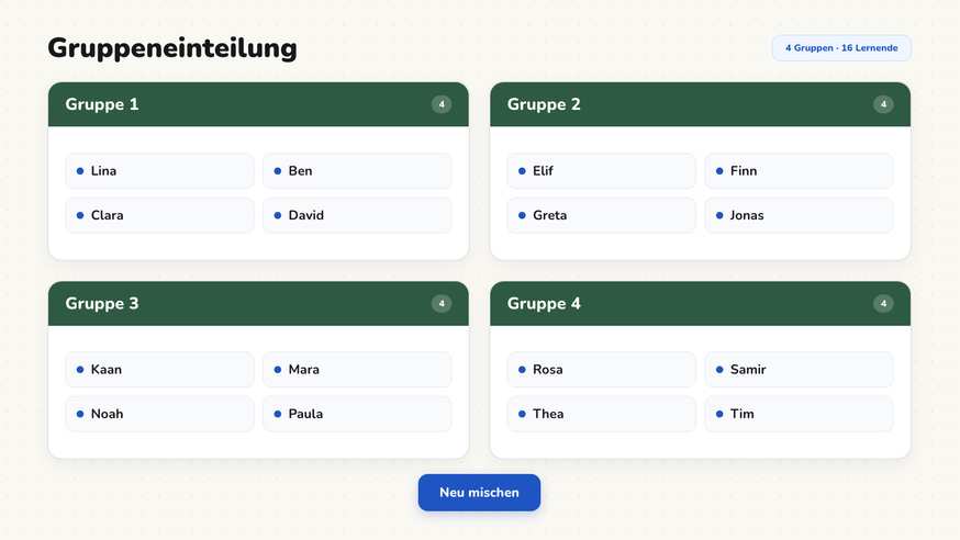 Vier eingeteilte Gruppen mit je vier Namen für eine Gruppenarbeit in Klasse 7a
