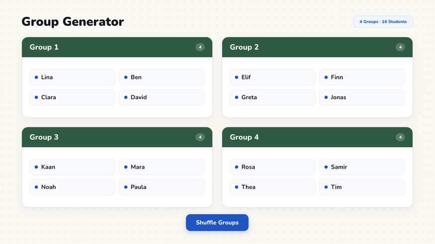 Group generator sorting a class into four balanced project teams on screen