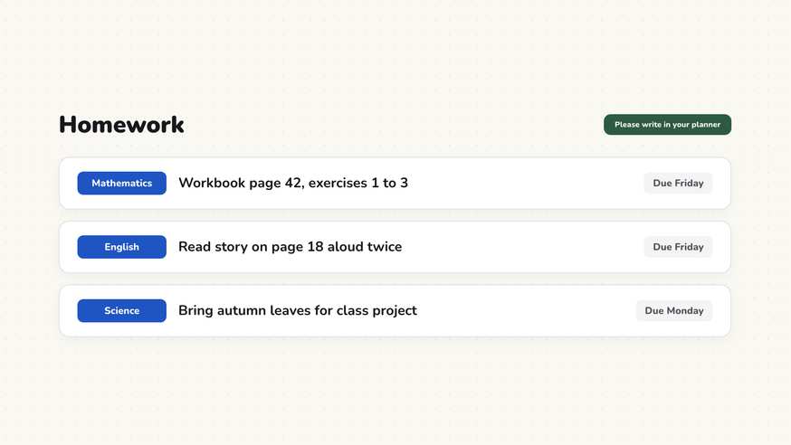 Homework board widget showing four assignments with subject icons and due dates on an interactive whiteboard