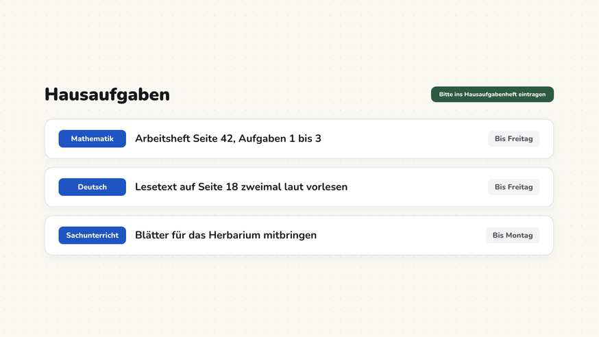 Hausaufgabenliste mit vier Aufgaben, Fachpiktogrammen und Fristen in Klasse 6a