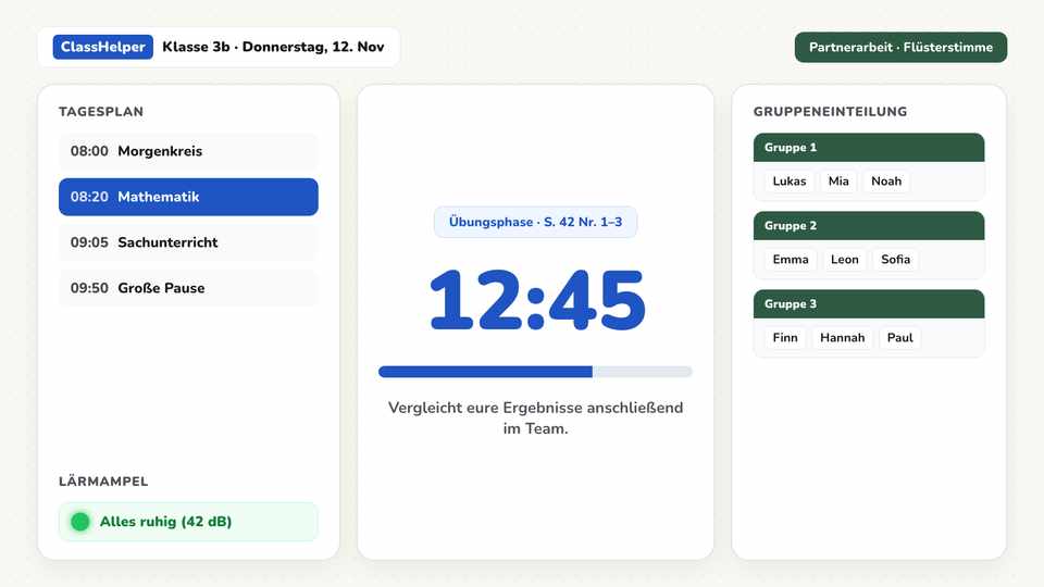 ClassHelper Tafel mit Arbeitsauftrag, Timer und Lärmampel auf Grün