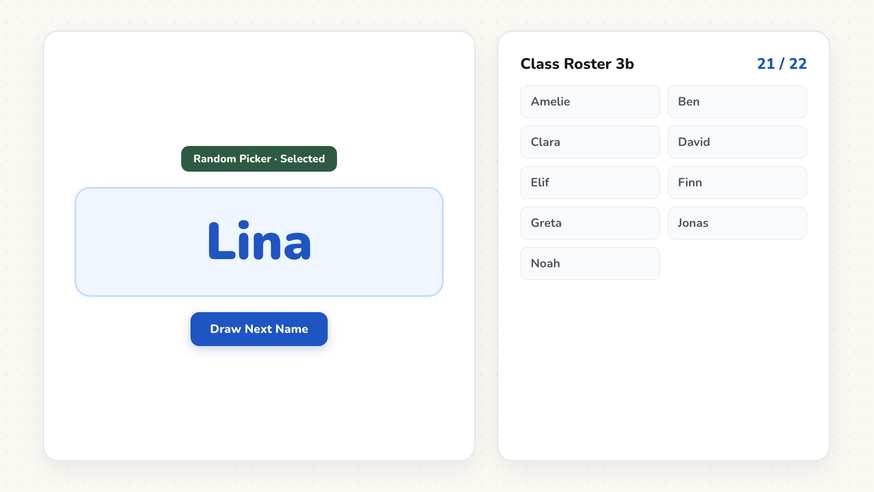 Random name picker showing the selected student name Maya on a clean whiteboard