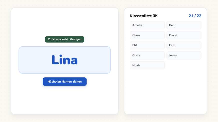 Namen ziehen mit dem gezogenen Namen Lina und der Namensliste der Klasse 3b