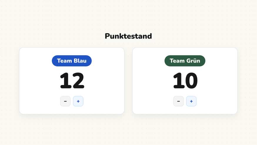 Punktestand zweier Gruppen mit 7 zu 5 Punkten während eines Quiz in Klasse 5a