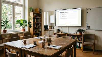 Leeres Lehrerzimmer, am Bildschirm die Einführung für das Kollegium in drei Schritten