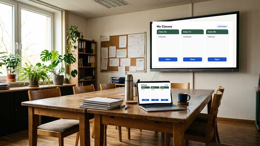Classroom interactive display running visual timer, noise meter, and seating chart