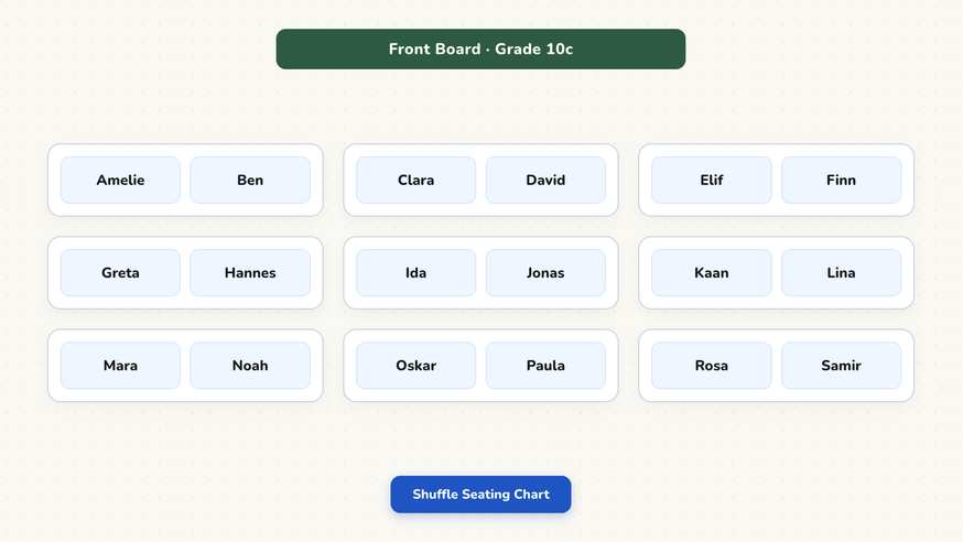 Classroom seating chart showing a grid layout of student desks facing the board