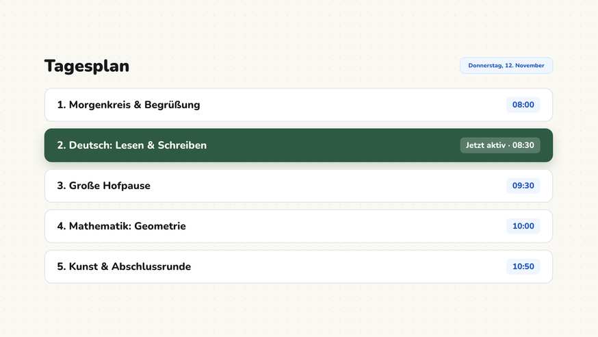 Tagesplan mit sechs Abschnitten und Piktogrammen für einen Schultag in Klasse 2a