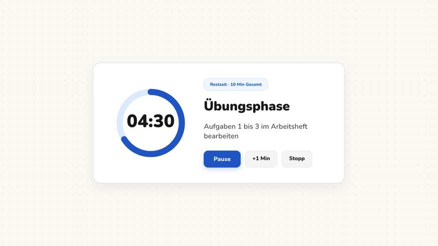 Timer mit vier Minuten und dreißig Sekunden Restzeit während einer Übungsphase in Klasse 7a