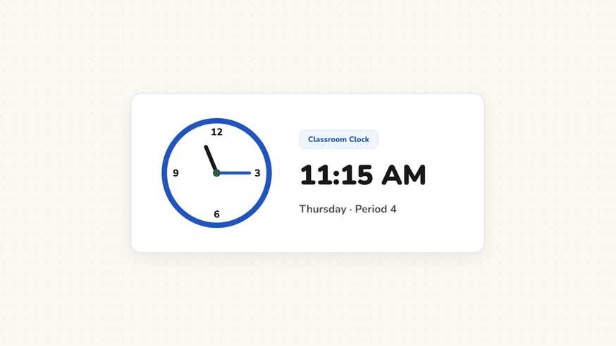 Classroom clock widget displaying colorful analog hour hands and synchronized digital numbers