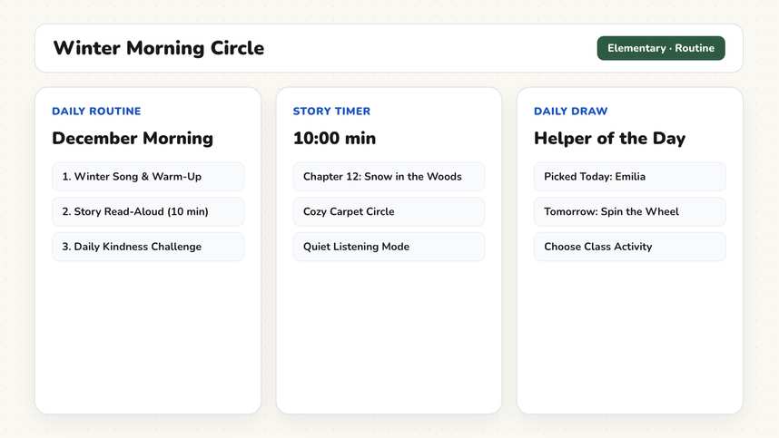 Winter morning routine board template with four greeting steps and holiday countdown on a classroom screen