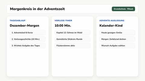 Tafelbild mit dem Ablauf des Adventsmorgens in vier Schritten an der digitalen Tafel einer zweiten Klasse