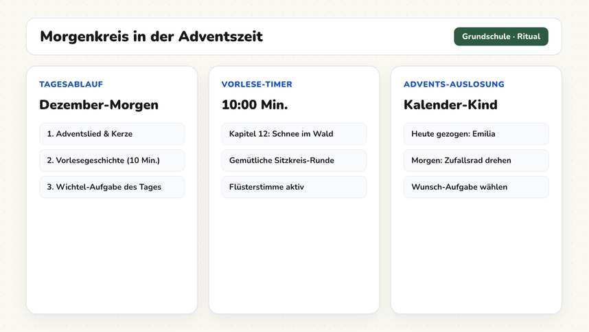 Tafelbild mit dem Ablauf des Adventsmorgens in vier Schritten an der digitalen Tafel einer zweiten Klasse