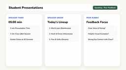 Student presentation board template with random speaker order and rubric on a classroom screen