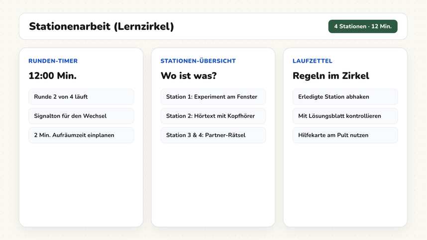 Tafelbild mit vier Stationen und ihren Aufträgen an der digitalen Tafel einer fünften Klasse