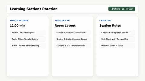 Station rotation board template with four learning centers and timed rotation cues on a digital display