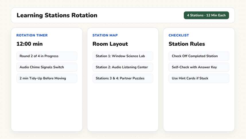Station rotation board template with four learning centers and timed rotation cues on a digital display
