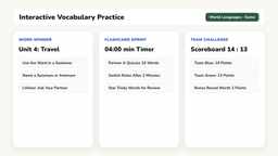 Vocabulary practice board template with four study steps and tug-of-war scoreboard on a digital display