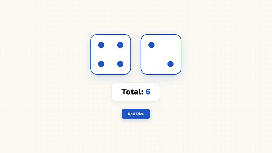 Virtual dice roller showing two six-sided dice showing four and three on screen